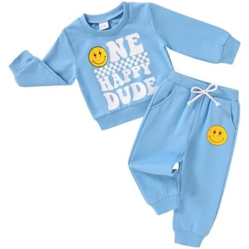Baby Boy Fall Winter Clothes One Happy Dude 1st Birthday Outfits Smile Long Sleeve Sweatsuit Sweatshirt Pants Set