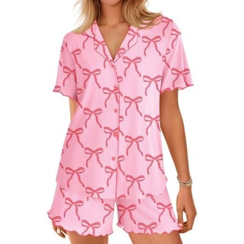 Ekouaer Button Up Pajamas Set for Women Short Sleeve Ribbed Knit Sleepwear 2 Piece Pjs Shorts Set