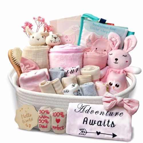 27-Piece Baby Girl Shower Gift Basket Set - Newborn Essentials, Large Pink Gi...
