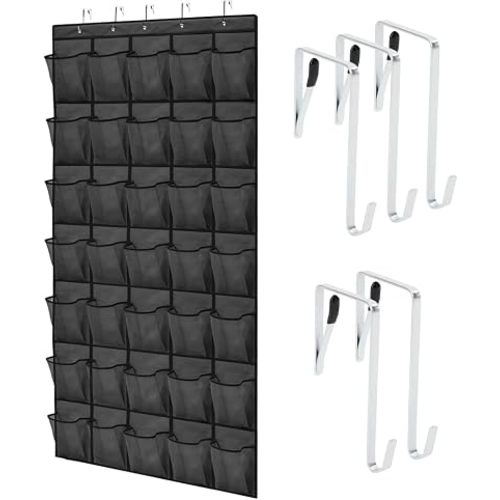 GORILLA GRIP Over the Door Shoe Organizer, 35 Large Breathable Mesh Pockets, Space Saving Hanging Storage Holder, 5 Hook Closet Rack Hanger, Hangs on Closets for Shoes, Accessories 68.5H x 24.5W Black