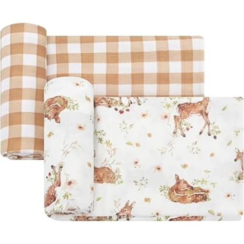 LifeTree Baby Swaddle Blankets, Boys Girls Muslin Swaddling Wrap Receiving Blanket for Newborn, 70% Viscose from Bamboo and 30% Cotton, Large 47" x 47", Deer and Checkered