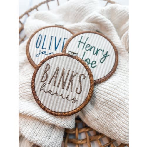 Personalized Baby Name Announcement Sign: Striped Nursery Decor- natural and light blue/ thin cursive and micro Carmelo John