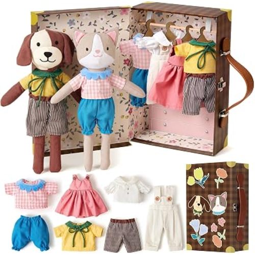 Lorfancy Cat & Dog Plush Doll Dress Up Playset with Portable Suitcase Wardrobe, 2 Stuffed Animals & 4 Doll Clothes Outfits, Pretend Play Travel Toy, Birthday Gifts for Girls 3 4 5 6 7 8 Year Old