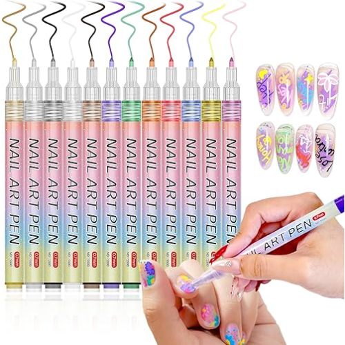 12 Color Nail Art Pens, 3D 0.7 MM Nail Polish Pens Set Drawing Painting Point Liner Acrylic Painted Pen Kit, Waterproof and Quick-drying Nail for DIY Nails Art Design Manicure Tools
