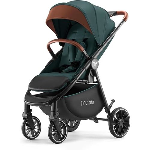 Tinyiota All-Terrain Baby Stroller, 48.5lb Capacity with UPF 50+ Canopy, One-Hand Fold, Microfiber Leather Handle,Near Lie-Flat Mode for Newborn to Toddler(Dark Green)