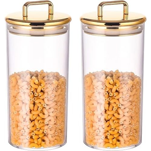 2 Pack 32 oz Large Acrylic Storage Apothecary Jar with Gold Airtight Lid | Bathroom Vanity Organizer Containers | Ideal Decorative Canisters for Shells, Bath Salt, Grains, Cotton Ball, Flossers