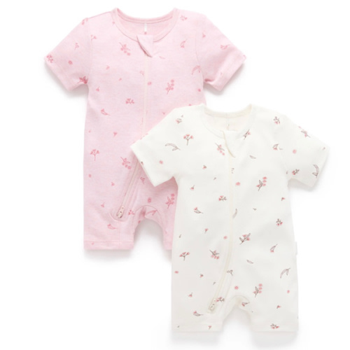 Pink Blossom 2 Pack Short Zip Growsuit - Purebaby