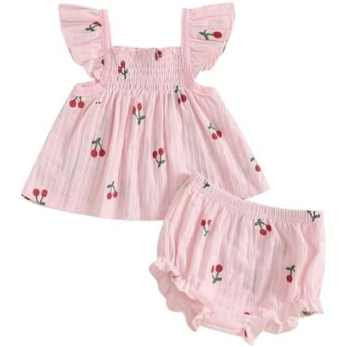 Summer Outfit Clothes Baby Girl Cherry Sleeveless Tunic T-Shirt Top and Shorts Bloomers Set