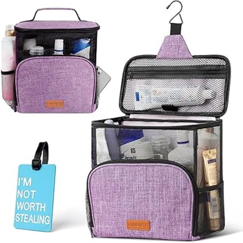 Hanging Toiletry Bag, Shower Caddy Tote Bag (Updated Version, Full Size Bottle Compatible), Bath Organizer for College Dorms, Gym, Camp, Women Men, with Funny Luggage Tag