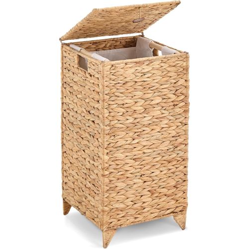 Handwoven Laundry Hamper with Lid, Natural Hyacinth Heightened Feet Laundry Basket, Wicker Clothes Hamper with Removable Liner Bag