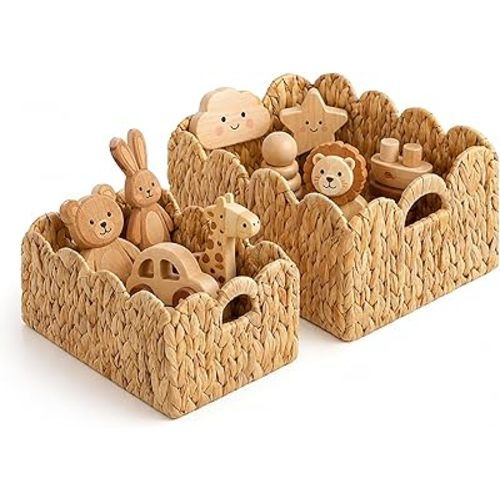 LUSYDECO Set of 2 Scalloped Edge Wicker Storage Basket with Built-in Handles, Rectangle Water Hyacinth Basket for Organizing, Decorative Woven Rattan Basket for Shelf, Nursery Room