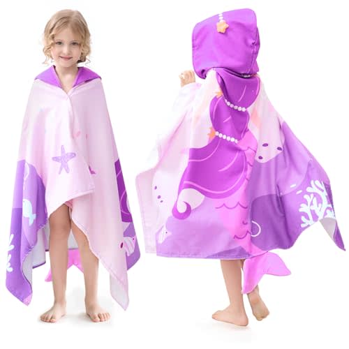 UOMNY Kids Beach Towels,MermaidHooded Towel for Kids 30" x 50" | Hooded Towel for Kids 30" x 50" for 3-10 Years,Pool Ponchos for Kids with Hood,Girls Beach Towel,Mermaid
