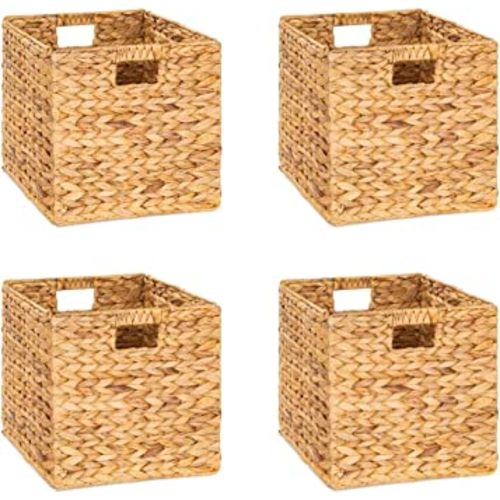 12x12x12 Storage Cube, Water Hyacinth Storage Baskets, Wicker Storage Baskets for Shelves, Woven Baskets for Storage, Square Wicker Storage Basket for Bedroom, Living Room (4 Packs 12x12in)