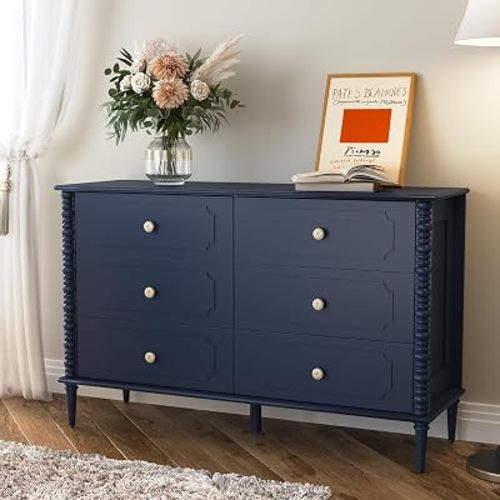 Blue 6 Drawer Dresser for Bedroom, 47" Wide Chest of Drawers with Turned Legs and Ceramic Knobs, Double Dresser, Wood Drawer Storage Organizer for Bedroom, Living Room, Hallway