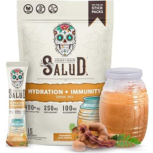 Salud 2-in-1 Hydration Packets + Immunity Electrolytes Powder, Tamarindo - Agua Fresca Drink Mix, Elderberry, Dairy & Soy Free, Non-GMO, Gluten Free, Vegan, Low Calorie, 1g Sugar (15 Servings)
