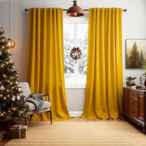 Mustard Yellow Velvet Blackout Curtains for Bedroom,Yellow Velvet Curtains 52"x 84" Inches Curtains Drapes Pocket Back Tab Soft Fabric Curtains Panel for Living Room,2 Panels Set (Yellow)