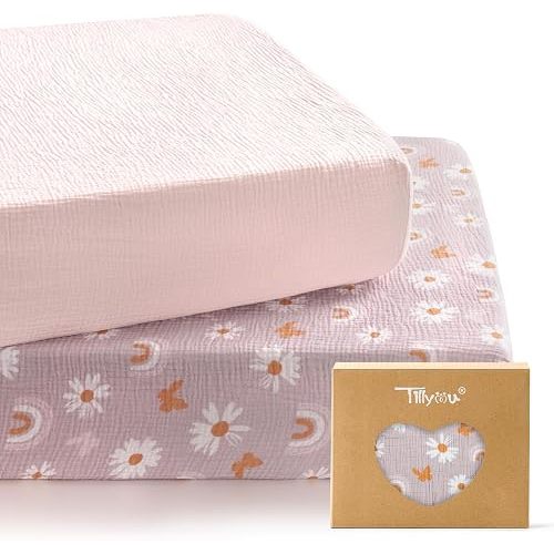 TILLYOU 2 Pack Muslin Crib Sheets for Boys and Girls, 100% Cotton Fitted Crib Sheet for Toddler 52x28 Standard Crib Mattress, Pink Butterfly