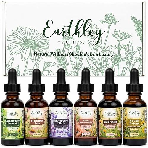 Earthley Wellness Family Organic Herbal Tincture Set, Cough Support Bundle with Elderberry, Cough, Feel Better Fast and More, Alcohol Free Formulas, Carry Bag Included (6 Set, Organic Herbal Formulas)
