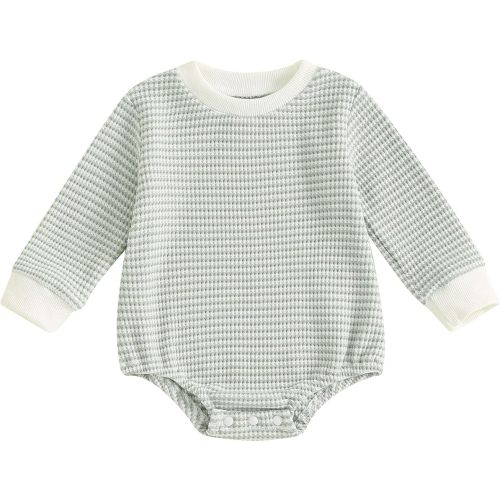 VISGOGO Unisex Baby Boy Girl Striped Romper Waffle Long Sleeve Bubble Oversized Romper Bodysuit Top Fall Onesie Clothes (Green, 3-6 Months)