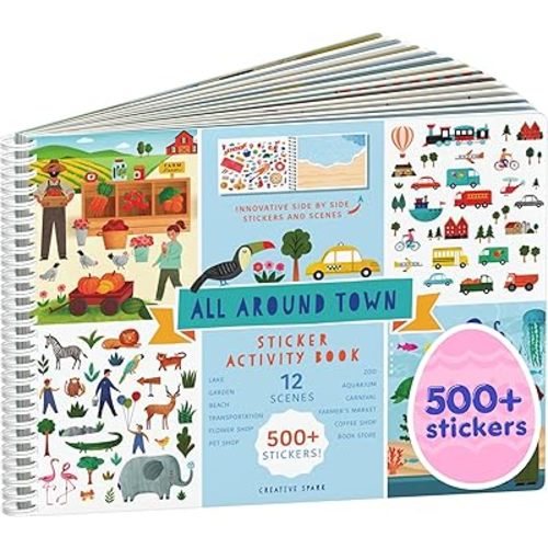 All Around Town 500+ Kids Sticker Book by Cupkin Fun Toddler Travel Activity Coloring and Sticker Book, 12 Coloring Pages 12 Side by Side Scenes for Children's of 2-8 Years, Easter Gifts for Kids