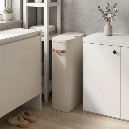LEDREM Dual-Compartment Laundry Basket with Lid, Handles and Removable Liners, Easy-Assembly Laundry Hamper, Beige
