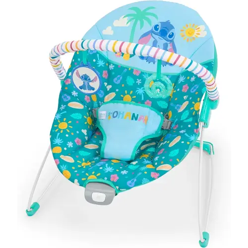 Bright Starts Disney Stitch Ohana Paradise Vibrating Baby Bouncer, Soothing Vibrations Infant Seat with 2 Sensory Toys, 0-6 Months