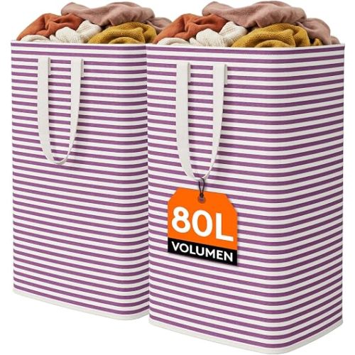 Lifewit 2 Pack Laundry Basket 80L Each, Collapsible Clothes Hamper with Reinforced Handles, Freestanding Waterproof Design for Bedroom and Laundry Room, Purple 160L Total