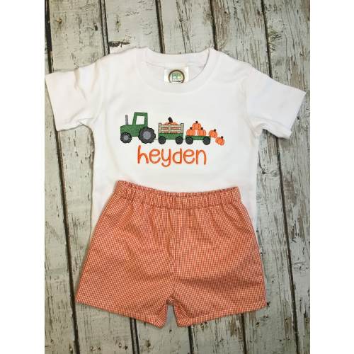 Baby Boy Tractor Outfit: Pumpkin Wagon Bodysuit with Gingham Shorts