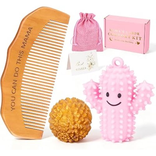 Wooden Labor Comb & Birth Comb Set with Acupressure Massage Ball