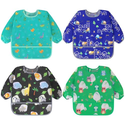 Accmor 4 Pack Long Sleeve Bibs, Baby Smock Waterproof Sleeved Bib Smock for Baby Toddler 6-36 Months