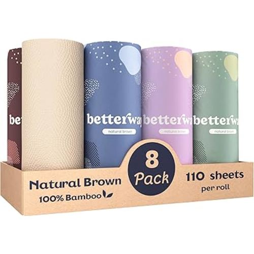 Betterway Bamboo Natural Brown Paper Towels - 8 Rolls, 2 Ply, 110 sheets - Plastic Free, PFAS Free, Disposable Kitchen Paper Towels - Select Size, Tree Free, Compostable, Strong & Absorbent