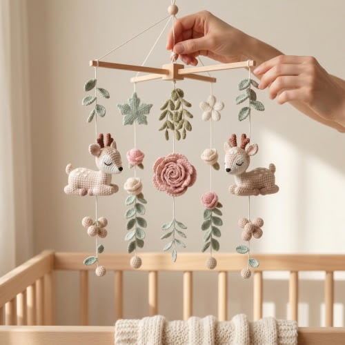 Handmade Deer Baby Mobile, Woodland Crib Mobile, Crochet Forest Nursery Decor, Custom Baby Gift, Neutral Boho Baby Mobile