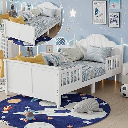 Kids Twin Size Bed Frame with Detachable Rails, Low Platform Bed with Headboard and Footboard, Wood Twin Beds with Slats Supports for Girls Boys Teens, No Box Spring Needed, White