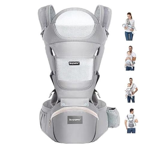 KIYUMI 6-in-1 Baby Carrier Newborn to Toddler with Hip Seat Ergonomic | M Position, Head Support and Breathable Mesh,Adjustable Removable Baby Sling Carrier (7-45 lbs)Grey