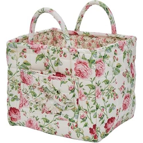 Car Storage Basket for Back Seat, Aesthetic Fabric Storage Basket for Clothes, Diapers & Toys, Multi-Purpose Quilted Basket - Boho Organizer Tote for Home, Travel & Picnic (F)