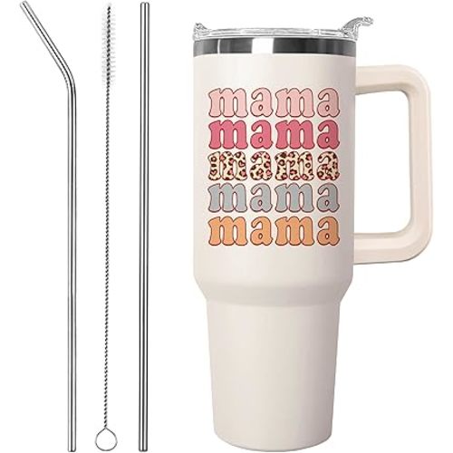 Ceovfoi 40 oz Mama Vacuum Insulated Water Bottle Travel Coffee Mug Cup Tumbler with Handle Lid and Straw, Mothers Day Gifts from Daughter, Birthday Gifts for Mom