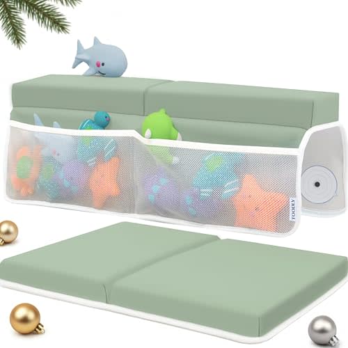 Comfortable Baby Bath Kneeler and Elbow Rest Pad Set – Thick Memory Foam Bath Kneeling Pad with Elbow Support – Baby Bathtub Cushion with Toy Organizer for Bathing Infant or Toddler - Green