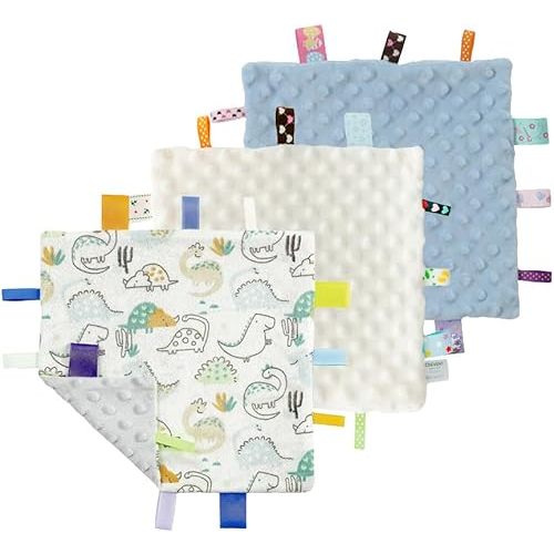CREVENT Tag Security Blankets for Babies, Soft Small Loveys for Girls, Baby Comforter Sensory Blanket, Great Gifts for Birthday Baby Shower 10"X10" (Dinosaur+Blue+Ivory)