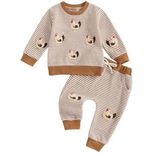 Toddler Baby Boy Girl Striped Outfit Farm Chicken Sweatshirt Top Pant Set Waffle Knit Sweatsuit Fall Winter Clothes