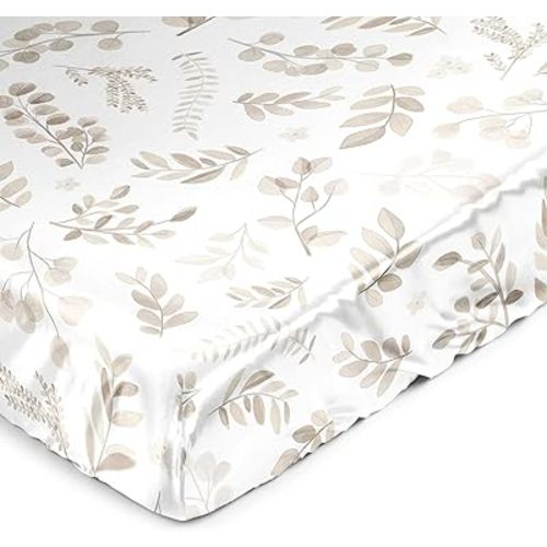 Sweet Jojo Designs Taupe Floral Leaf Boy Girl Gender Neutral Baby Satin Fitted Crib Sheet Infant Newborn Nursery Toddler Bed Room Standard Mattress Ivory Boho Bohemian Watercolor Botanical Woodland