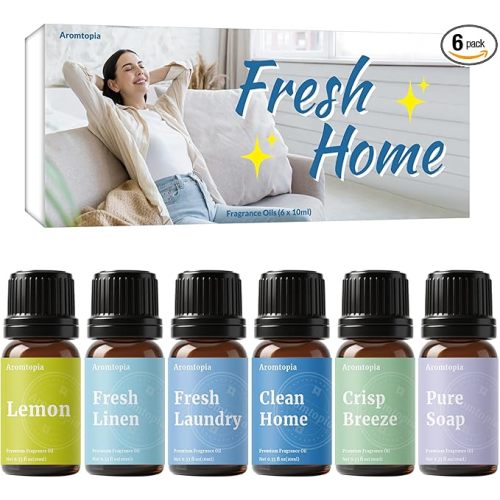 Diffuser Fragrance Oils, Aromtopia Essential Oils for Diffusers for Home, 6x10ml Fresh Home Set, Clean Scents for Candle Soap Making, Dryer Ball, Fresh Linen, Fresh Laundry, Crisp Breeze, Lemon