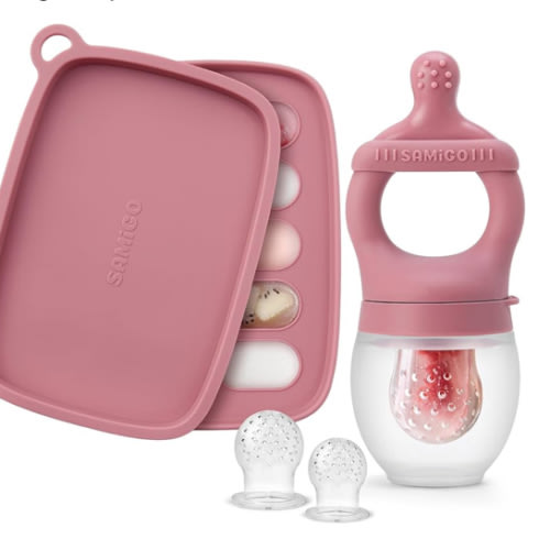 SAMiGO Baby Food Fruit Feeder and Breastmilk Popsicle Mold Set, Silicone Fruit Teether, Food Feeder Pacifier for Teething Relief, Freezer Tray, Baby Feeding Essentials, 4 Months+