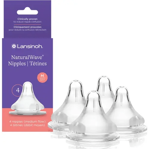 Lansinoh NaturalWave Baby Bottle Nipples, Medium Flow, Size M, 3+ Months, 4 Count – 100% Soft, Durable Silicone, Made Without BPA BPS, Anti-Colic, Supports Baby’s Developing Mouth and Teeth