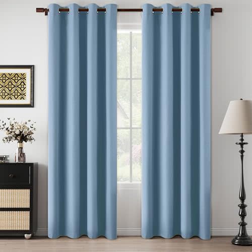 Total Blackout Dusty Blue Linen Curtains 90 Inch Length 2 Panels | Grommet Stone Blue Drapes, Light Weight, Thermal Insulated, Heat Blocking, Privacy, 90 Inches Long, For Living Room Bedroom