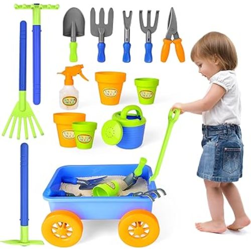 deAO Kids Garden Wagon Wheelbarrow and Gardening Tools Play Set Includes 10 Accessories and 4 Plant Pots,Great Outdoor Toddler Toys Kids Gardening Set