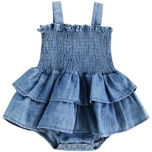 Baby Girl Denim Dress, Newborn Summer Jean Outfits, Sleeveless Romper Clothes Pleated Ruffle Hem Jumpsuits