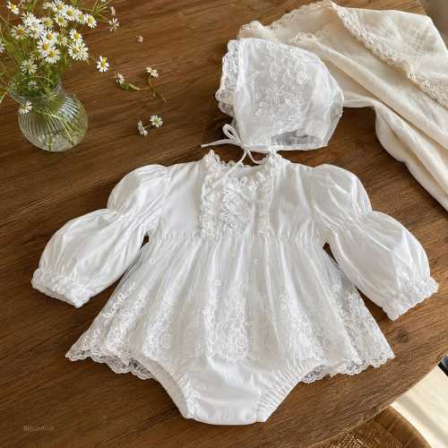 White Lace Baby Romper Dress, Long Sleeve with Matching Bonnet