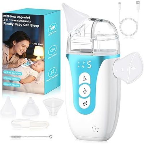 Nasal Aspirator for Baby,2-in-1 Smart Electric Nose Sucker, 2026 Upgraded with AI Anti-Backflow Protection,70Kpa Hospital-Grade Suction,15ml Large Capacity,5 Levels,Ultra-Quiet with Music-Blue