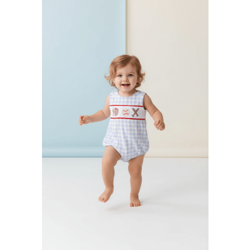BLUE PLAID BASEBALL EMBROIDERY BOY BUBBLE - 12mo