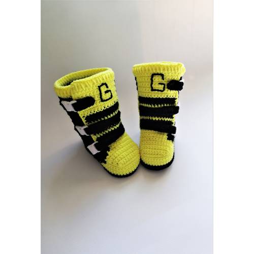 Baby motocross boots. Crochet cotton yellow boots for motorbike. High boots biker. Size 10cm. Racing baby shoes.  Newborn boots for bike.